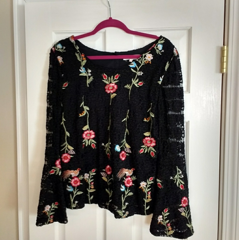 Black Lace Embroidered Top, Size M